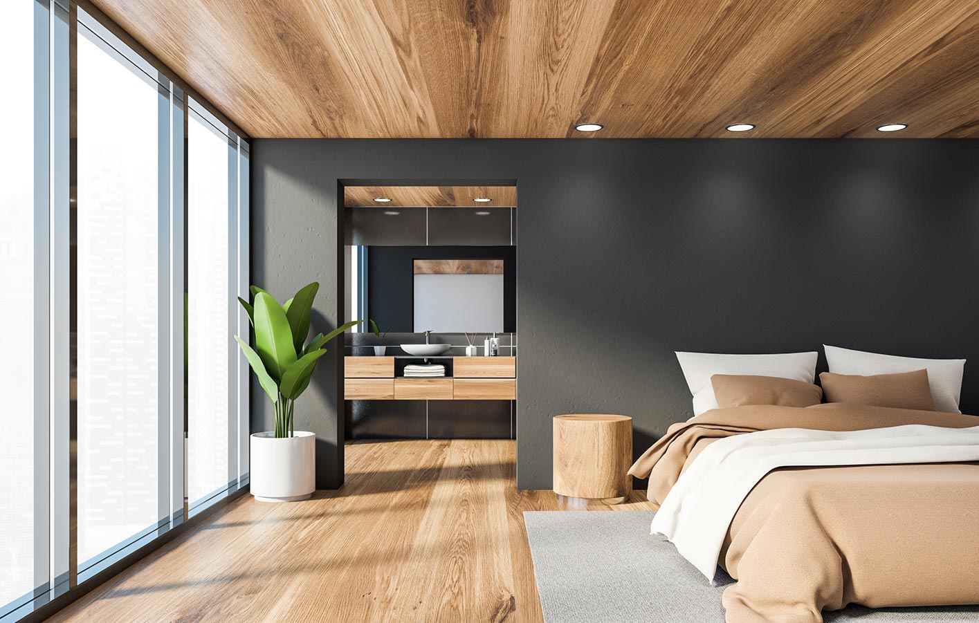 Wand- und Bodengestaltung aus Holz in einem modernen Schlafzimmer mit Blick in das Bad.