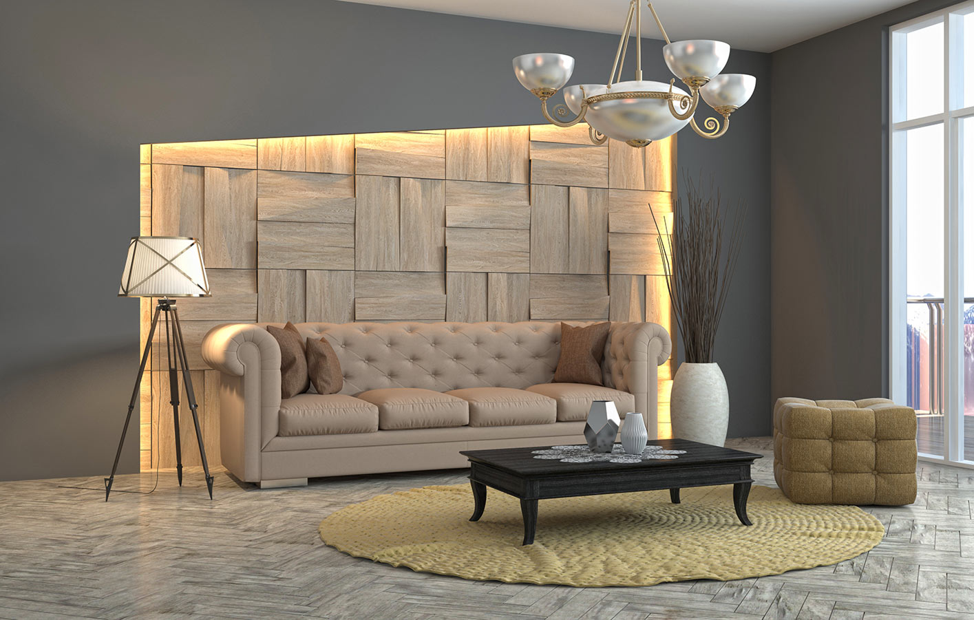 3D Wandpaneel in einem modernen Wohnzimmer in hellen Farben.
